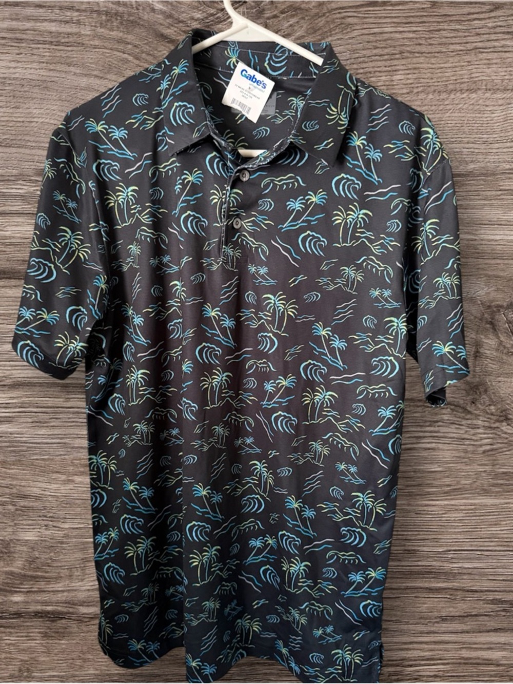 PGA Tour Men’s Small Black Polo with Blue & Light Green Tropical Print